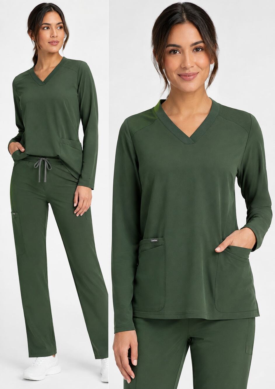 New Landau Women’s 2-Pocket Long Sleeve Scrub Top Green Size XL